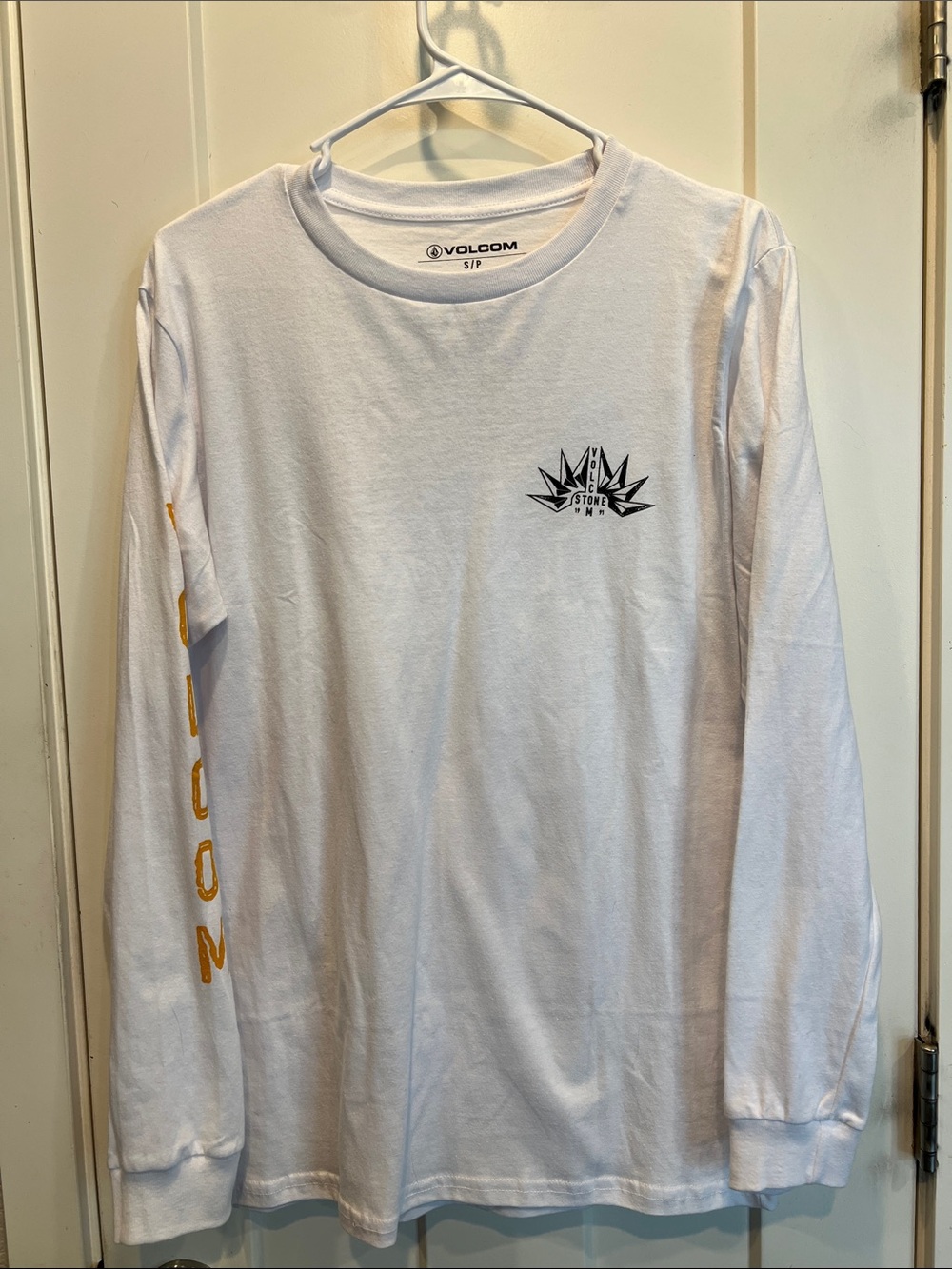 Volcom White Long-Sleeve Logo Tee with Yellow Sleeve Text